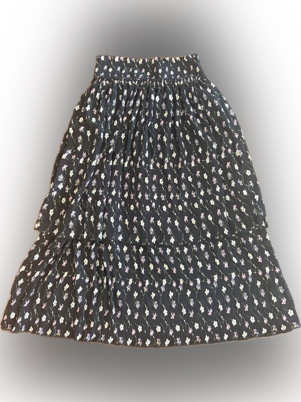 Women’s Black Floral Tiered Midi Skirt